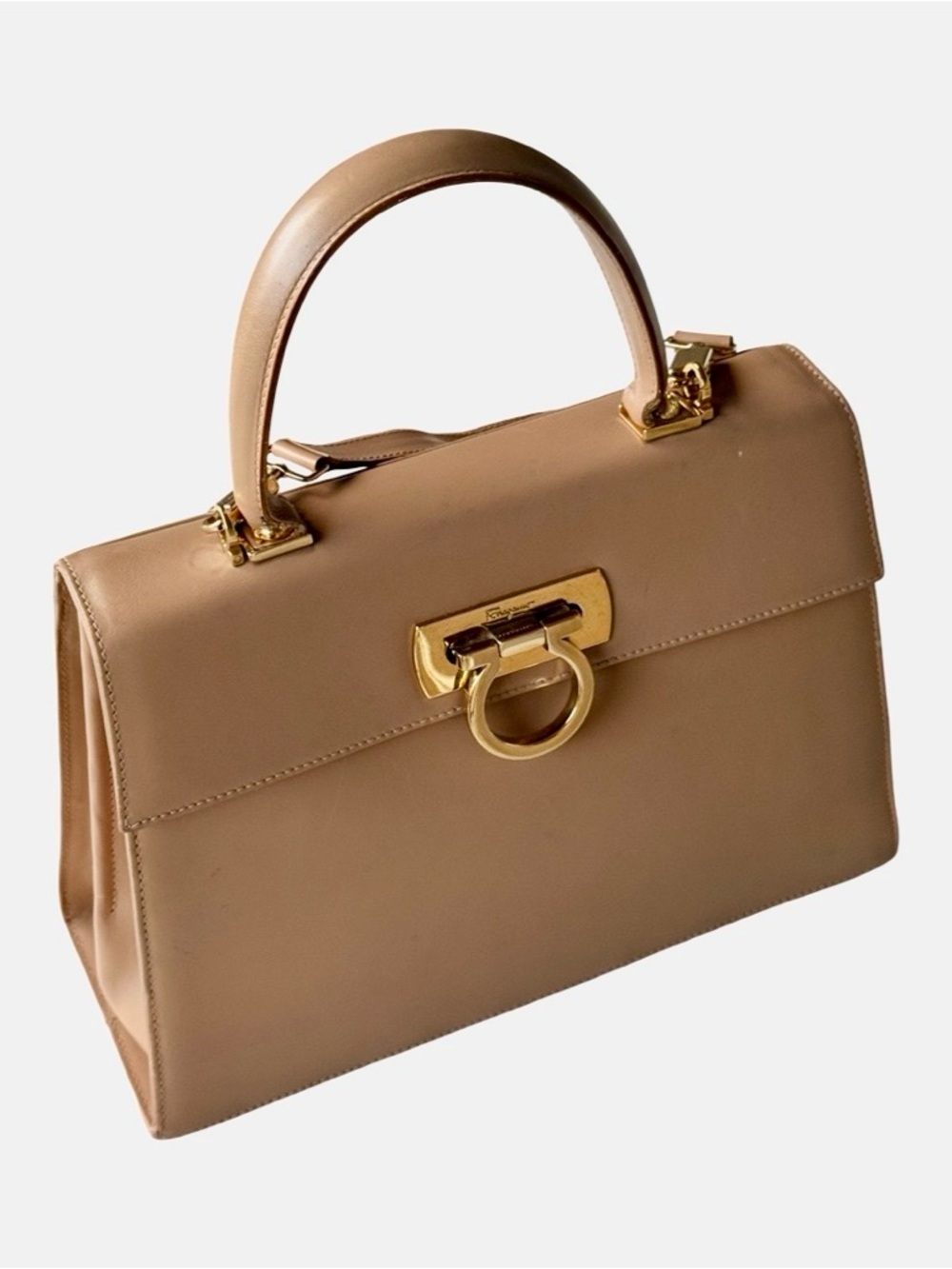 Vintage Salvatore Ferragamo Gancini Tan Leather Top Handle Shoulder Bag